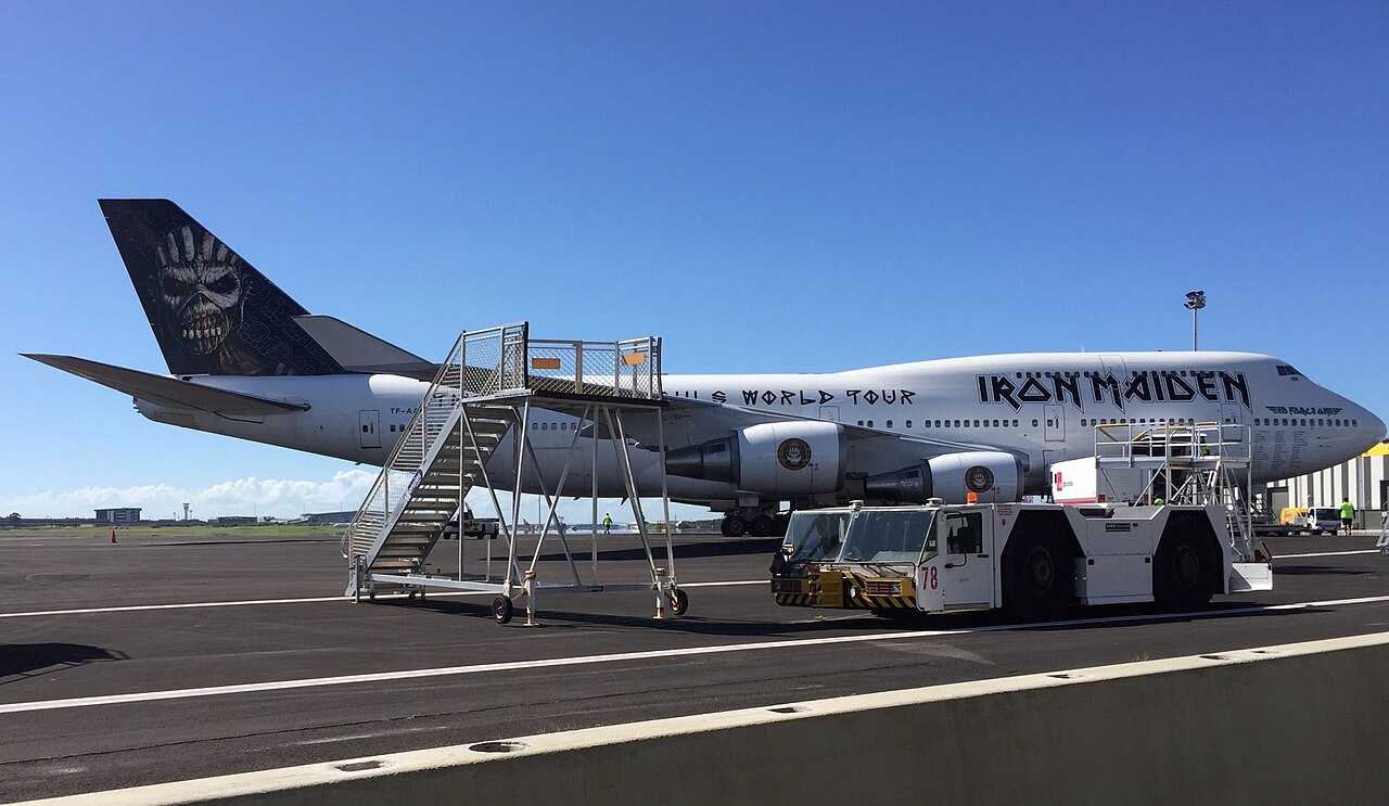 The black Iron Maiden livery of Ed Force One, a Boeing 747-400, on the ground at Brisbane Airport