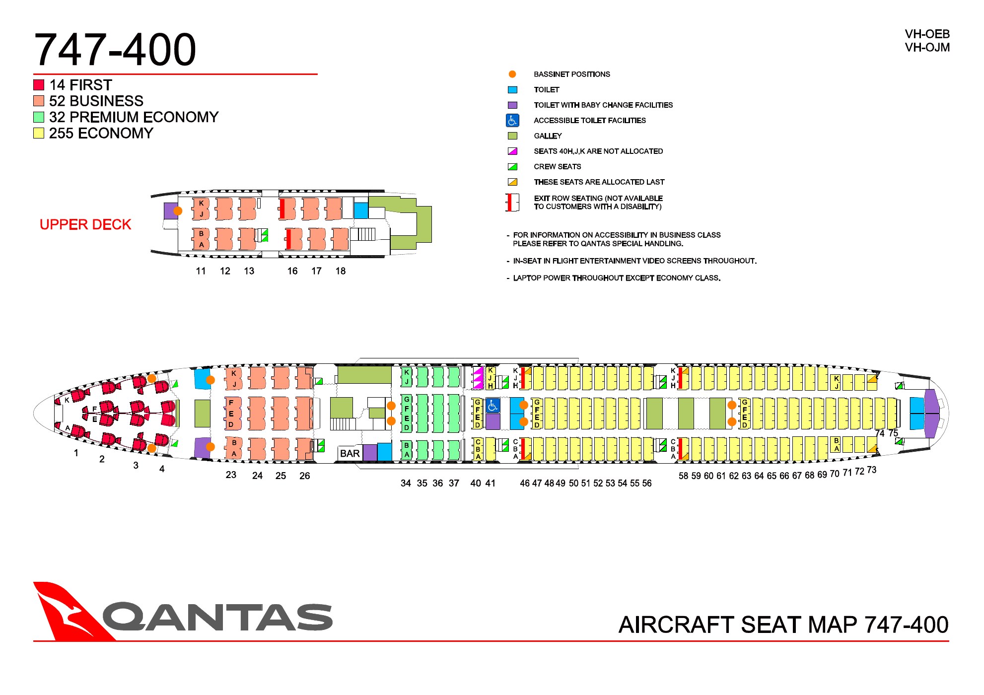 Qantas Boeing 747-400 seat map with 353 seats and every row shown