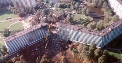 The damaged Bijlmermeer apartment buildings after El Al Flight 1862 crashed.