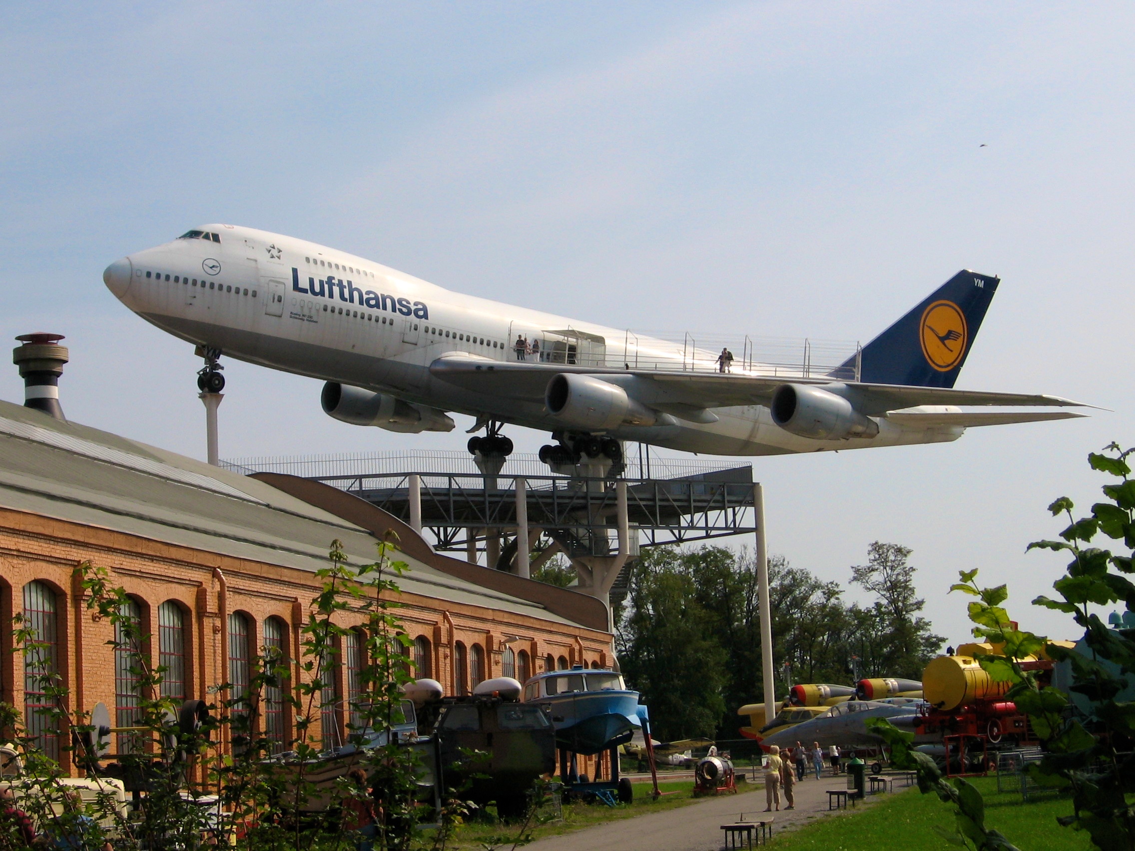 The preserved classic Lufthansa 747 on its elevated display at Speyer.