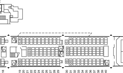 Diagram of the Boeing 747 Combi main deck with passenger seating forward and cargo pallets aft